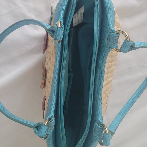 Straw Purse Vintage Flower Embellished Multi Color with Blue Trim - Picture 6 of 16